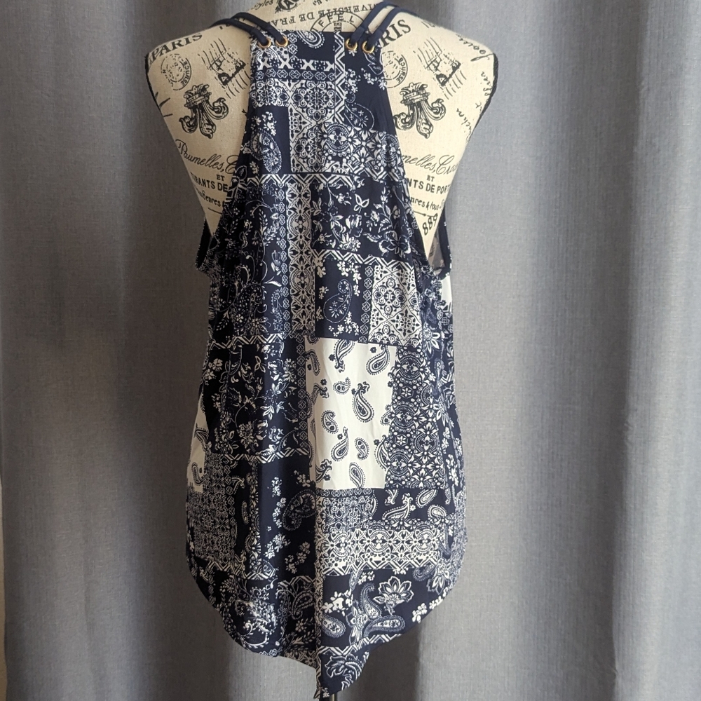 Lavish Blue and White Asymmetrical Sleeveless Tank Top - Picture 2 of 4